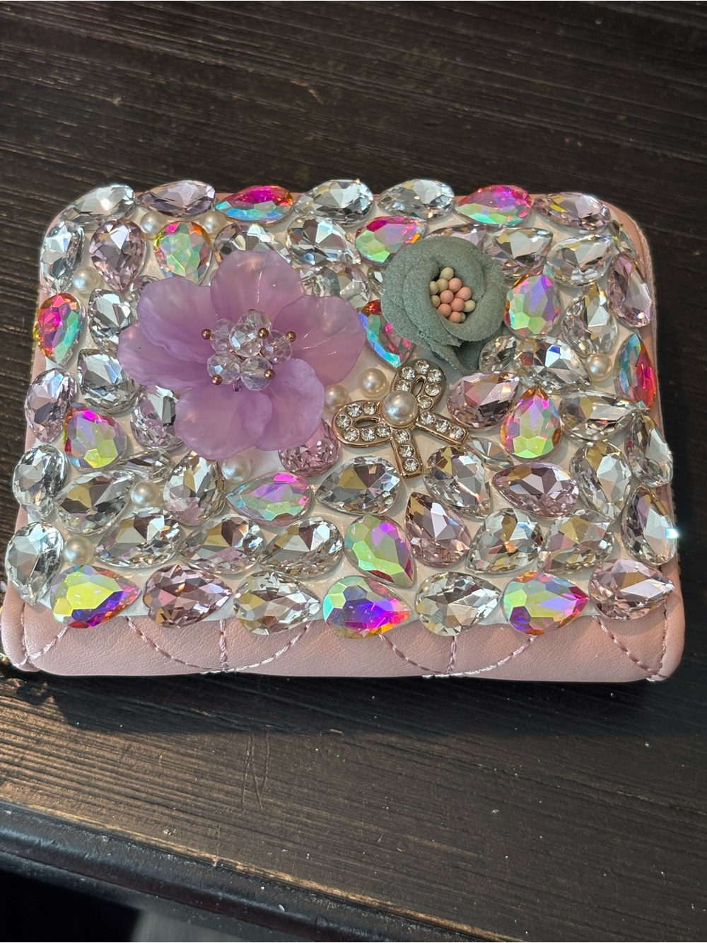 Embellished Pink Floral Crystal Card Wallet